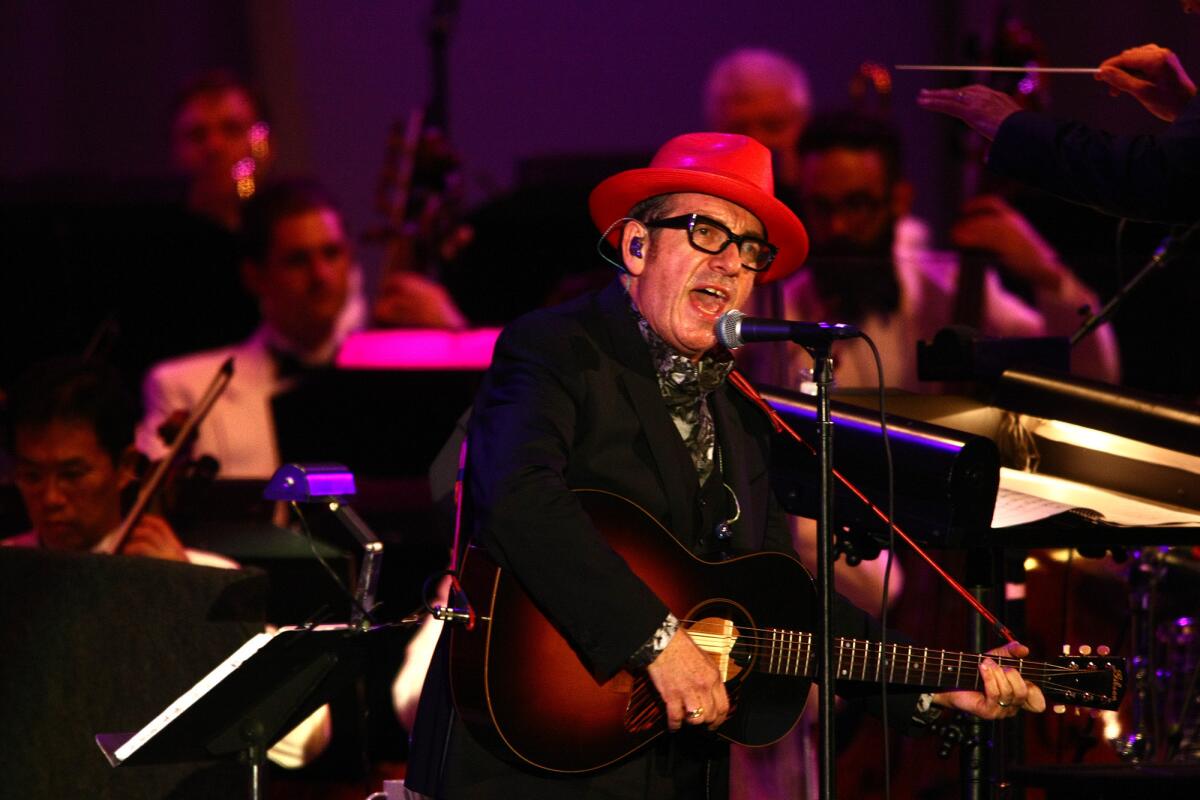 Elvis Costello performs his song "Veronica" with the Los Angeles Philharmonic at the Hollywood Bowl.