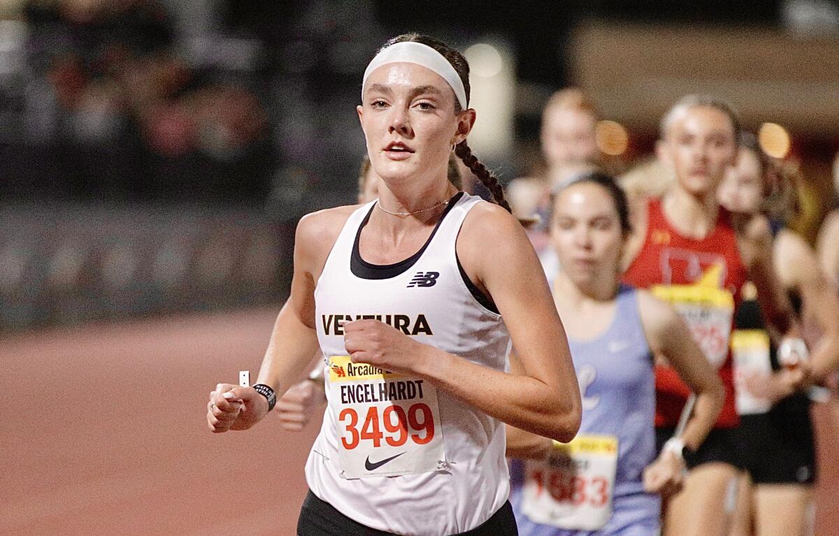 Ventura's Sadie Engelhardt runs at the head of the field during the girls' mile at the Arcadia Invitational.