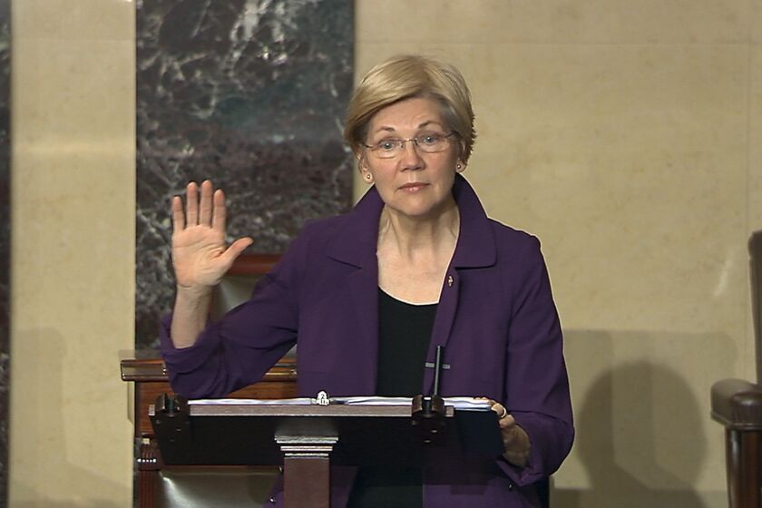 Sen. Elizabeth Warren, D-Mass., speaks on the floor of the U.S. Senate in Washington, Feb. 6, 2017, about the nomination of Betsy DeVos to be Education Secretary.