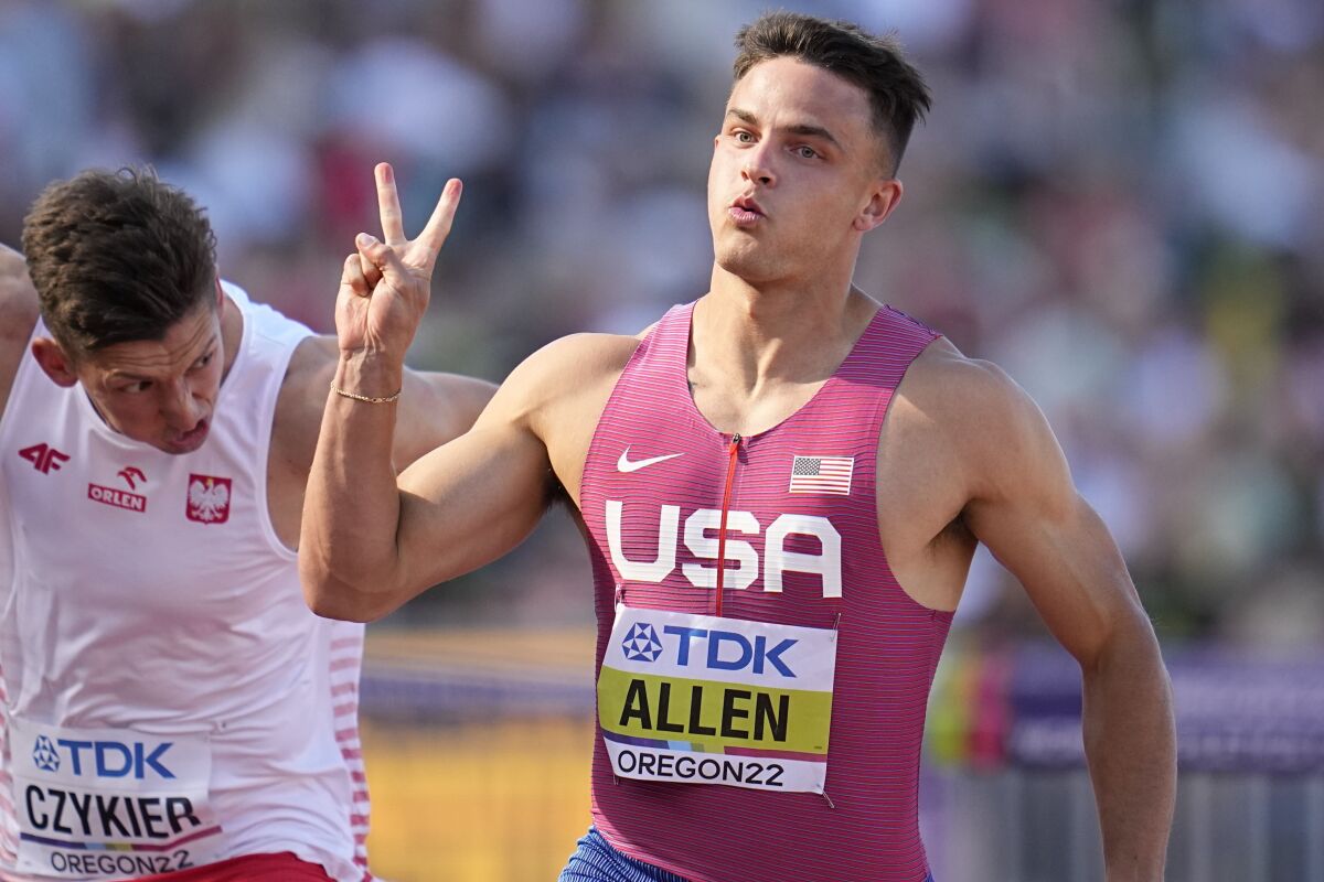 Devon Allen, of the United States, competes in a semi-final heat in the men's 110-meter hurdles at the World Athletics Championships on Sunday, July 17, 2022, in Eugene, Ore. (AP Photo/Ashley Landis)