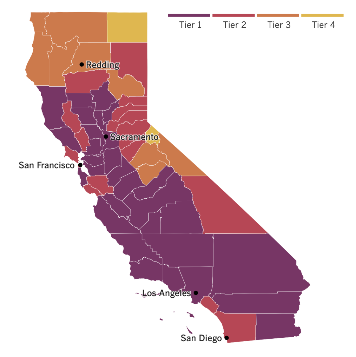 A map shows most counties in California in the first tier of reopening due to widespread coronavirus transmission