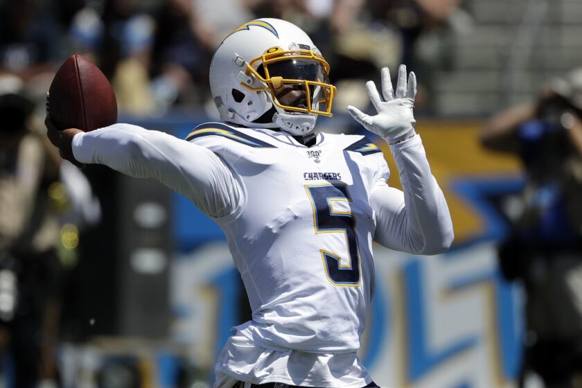 Los Angeles Chargers quarterback Tyrod Taylor (5) throws against the New Orleans Saints.