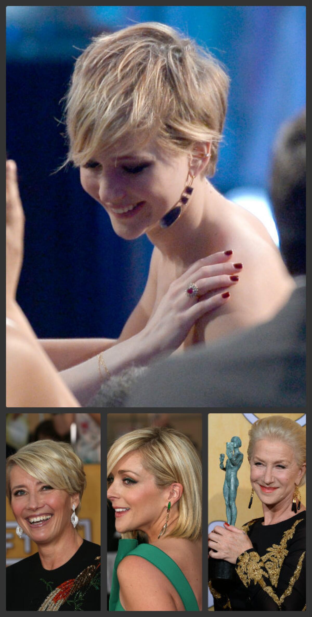 Short hairstyles were sported at the SAG awards by actresses including, clockwise from top, Jennifer Lawrence, Helen Mirren, Jane Krakowski and Emma Thompson.