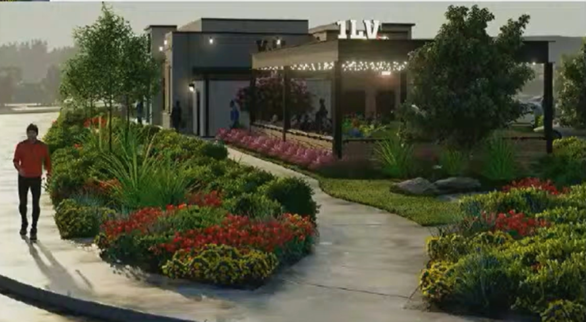 A rendering of a 1,303-square-foot outdoor dining patio proposed for a new Raising Cane's.