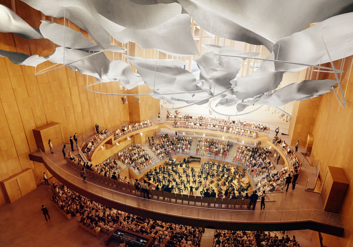 A rendering shows a 360-degree concert hall in which performers are surrounded by steep tiers of circular seating