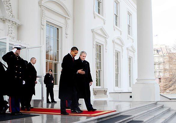 President Bush and President-elect Barack Obama leave the White House on their way to the inauguration.