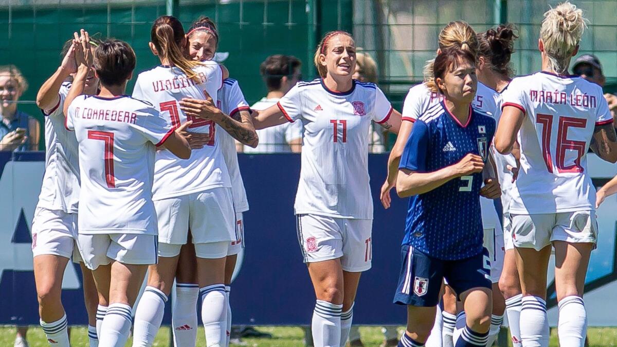 Spain celebrates after scoring a goal during an international friendly match against Japan on June 2.