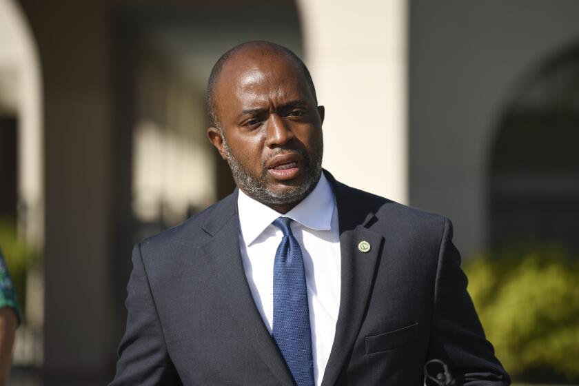 California State Superintendent of Public Instruction Tony Thurmond speaks outside of Enrique S. Camarena Elementary School Wednesday, July 21, 2021, in Chula Vista, Calif. The school is among the first in the state to start the 2021-22 school year with full-day, in-person learning. (AP Photo/Denis Poroy)
