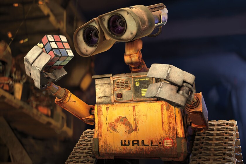 "WALL-E" a robot holding a Rubik's Cube.