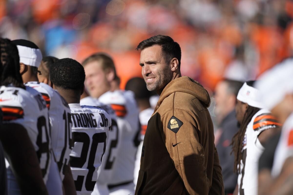 Recently signed quarterback Joe Flacco is in street clothes on the Cleveland Browns sideline.