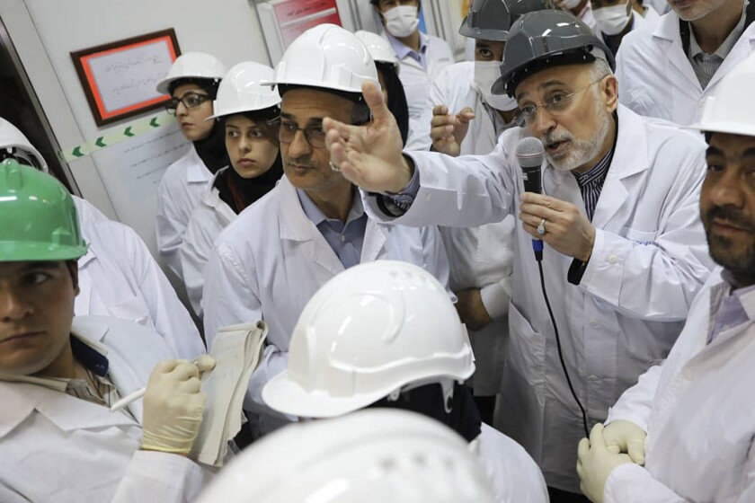 FILE - In this file photo released Nov. 4, 2019 by the Atomic Energy Organization of Iran, Ali Akbar Salehi, head of the organization, speaks with media while visiting Natanz enrichment facility, in central Iran. The landmark 2015 deal between Tehran and world powers meant to prevent Iran from obtaining nuclear weapons has been teetering on the edge of collapse since the U.S. pulled unilaterally in 2018. The EU said Wednesday, Jan. 8, 2020, that it will “spare no effort” to keep the deal alive, but with tensions between the U.S. escalating into open hostilities it's seeming increasingly unlikely that will be possible. (Atomic Energy Organization of Iran via AP, File)