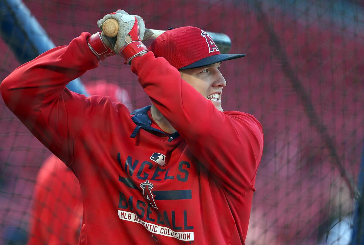 Angels outfielder Mike Trout takes batting practice before a game against the Boston Red Sox at Fenway Park on May 23.