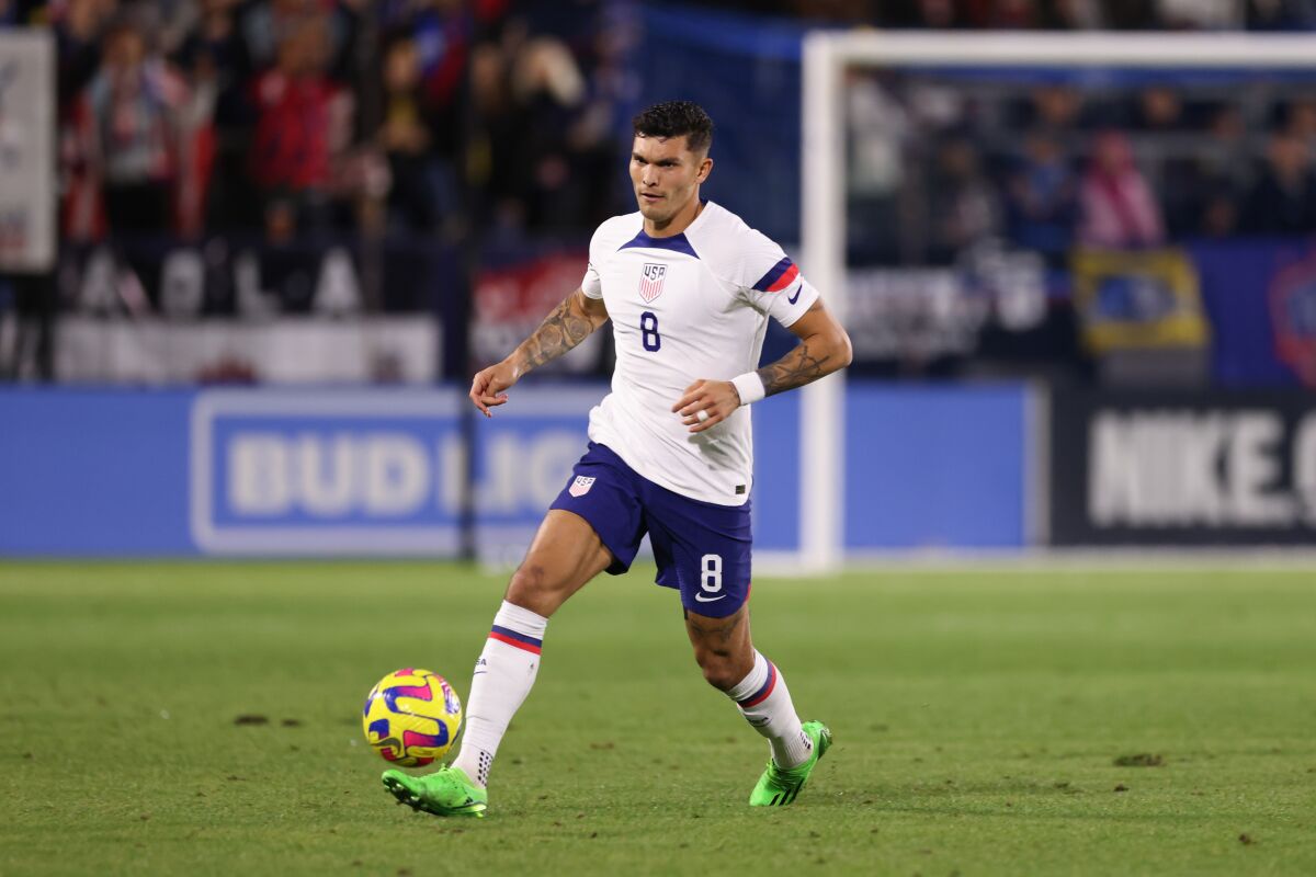 Brandon Vazquez serves the ball for the United States against Colombia at Dignity Health Sports Park on January 28, 2023.