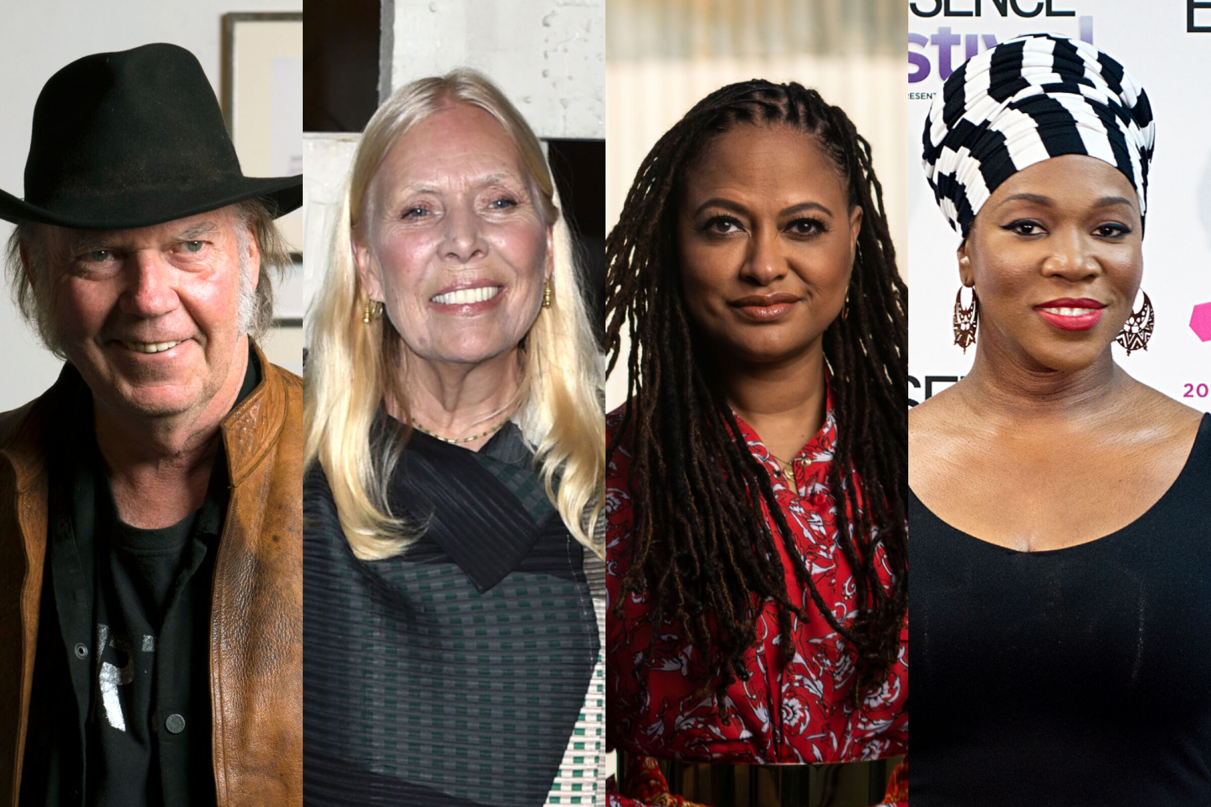 A split image of Neil Young, left, Joni Mitchell, Ava DuVernay and India Arie