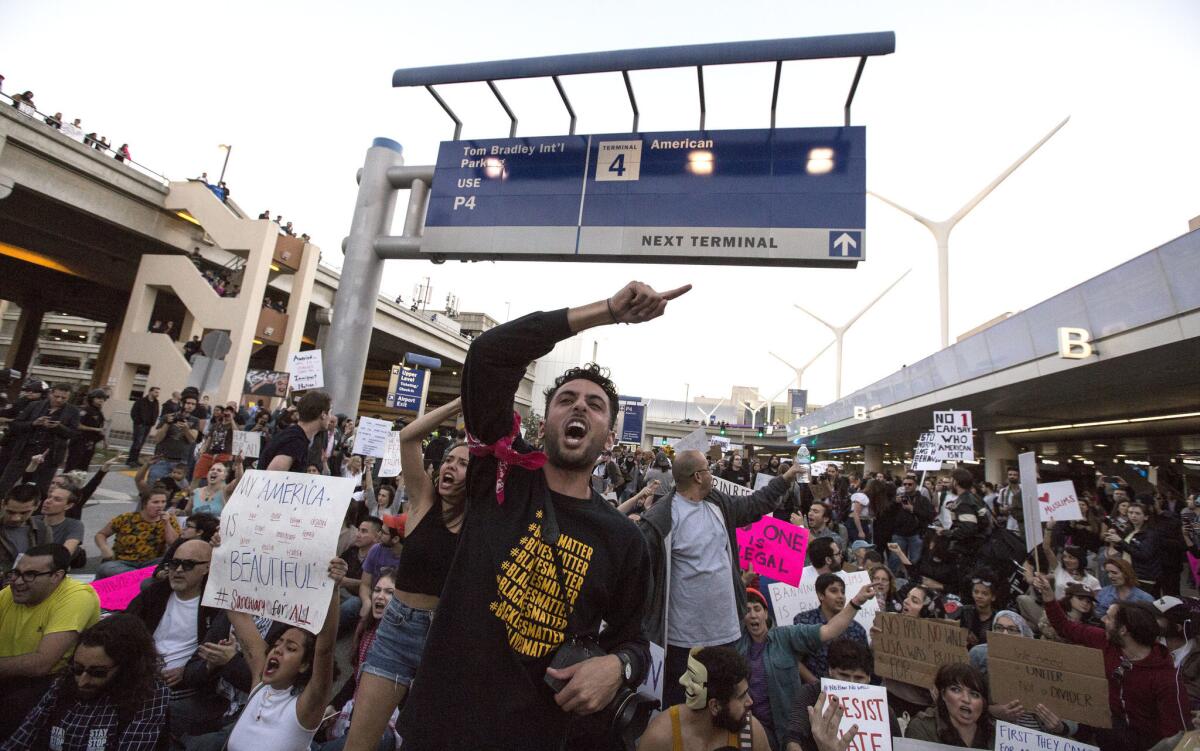 Protesters block traffic at Los Angeles International Airport.