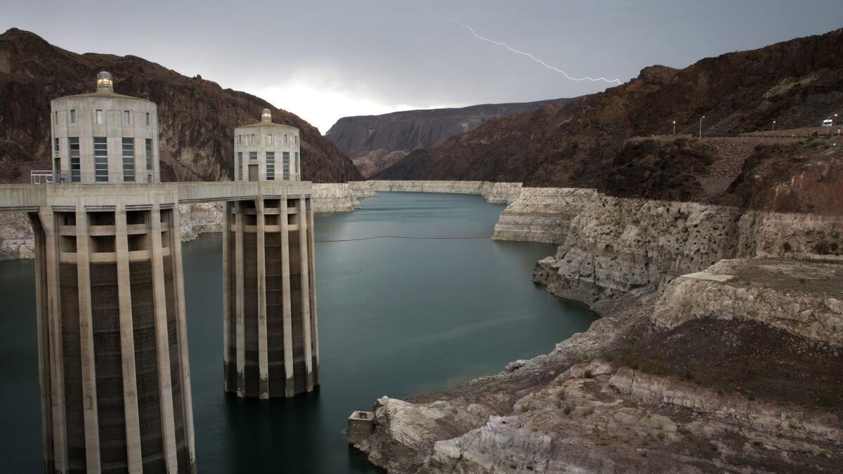 Lake Mead near Hoover Dam in Arizona, pictured in 2014. The Lake Mead Basin, which captures water from the Colorado River, was only 38% full as of June 2018. Such shortages make water imported through the State Water Project critical to Southern California water agencies.