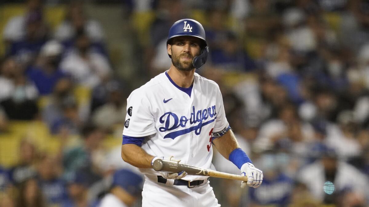 Los Angeles Dodgers Chris Taylor prepares to bat during a baseball game.