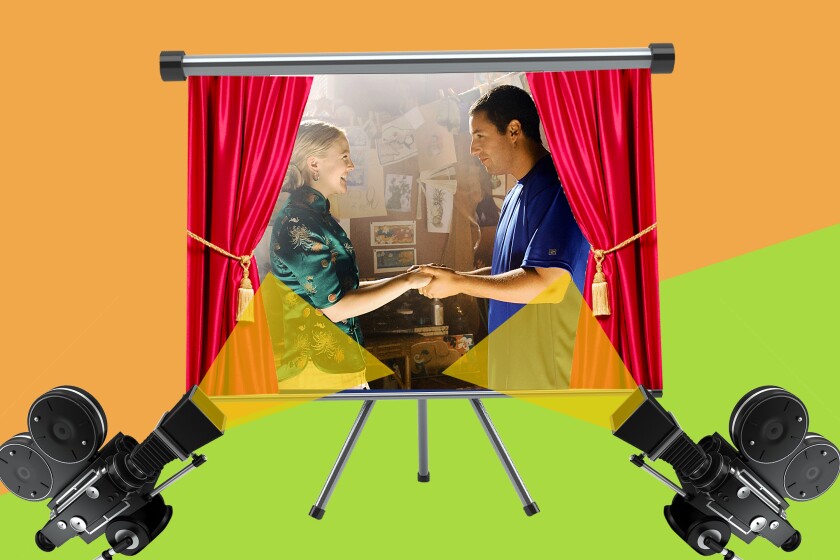 Still of Drew Barrymore (left) and Adam Sandler (right) holding hands with projectors on either side.