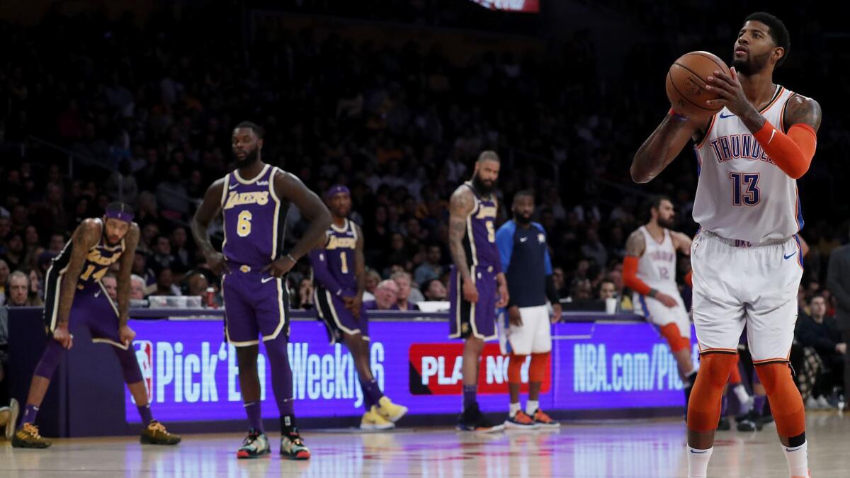 Thunder forward Paul George shoots a pair of free throws after a flagrant foul was called against the Lakers in the fourth quarter.