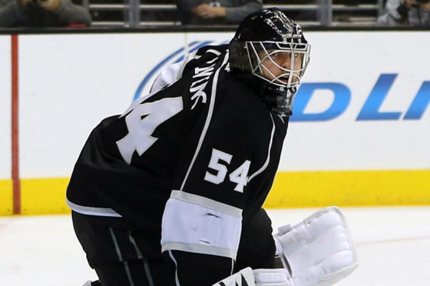 It might be a good thing that Kings goalie Ben Scrivens is forced to wear a mask most of the time.