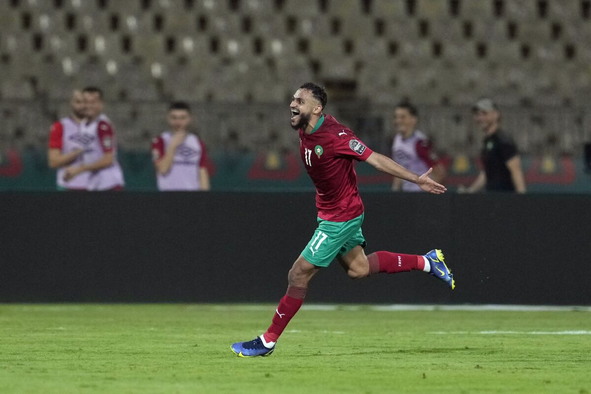 Morocco's Sofiane Boufal celebrates after scoring a goal during the African Cup of Nations 2022 group B soccer match between Morocco and Ghana at the Ahmadou Ahidjo stadium in Yaounde, Cameroon, Monday, Jan. 10, 2022. (AP Photo/Themba Hadebe)