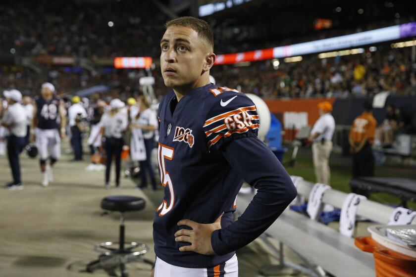 CHICAGO, ILLINOIS - AUGUST 08: Eddy Pineiro #15 of the Chicago Bears stands watches the final minutes of a preseason game against the Carolina Panthers at Soldier Field on August 08, 2019 in Chicago, Illinois. (Photo by Nuccio DiNuzzo/Getty Images)
