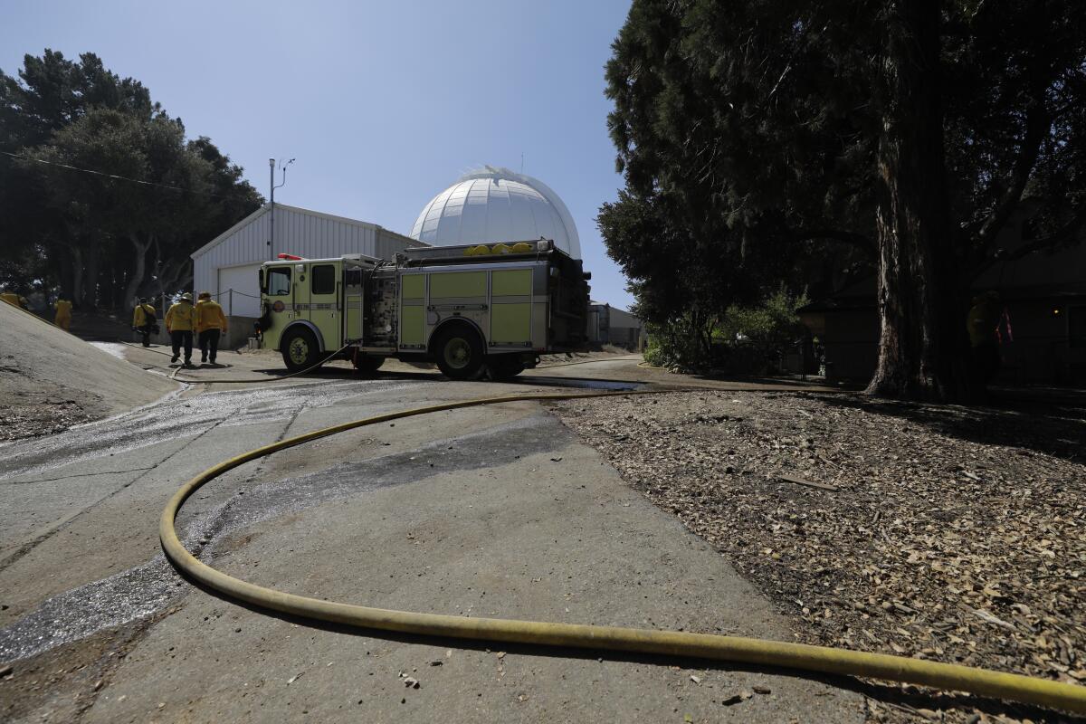 Fire equipment is deployed at the Mt. Wilson Observatory.