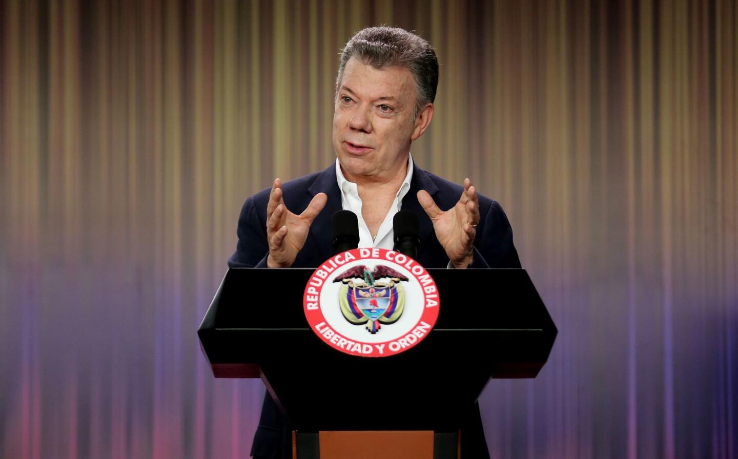 Colombian President Juan Manuel Santos speaks at the inauguration of the One Young World summit in Bogota, Colombia, in October 2017. Santos won the 2016 Peace Prize for his efforts to negotiate a peace treaty with the country's FARC rebel movement.