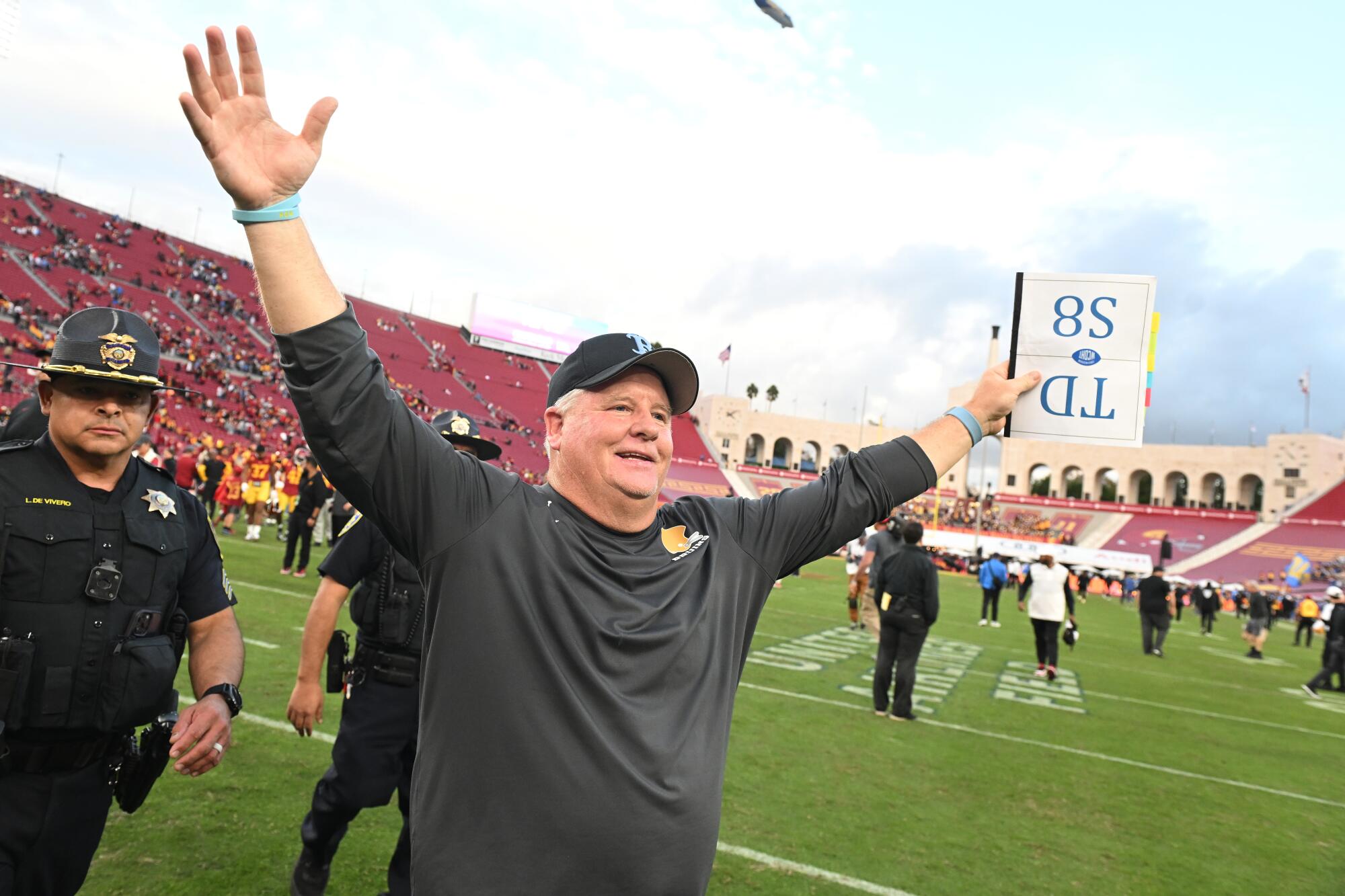 UCLA coach Chip Kelly celebrates after a 38-20 victory over USC at the Coliseum on Saturday.