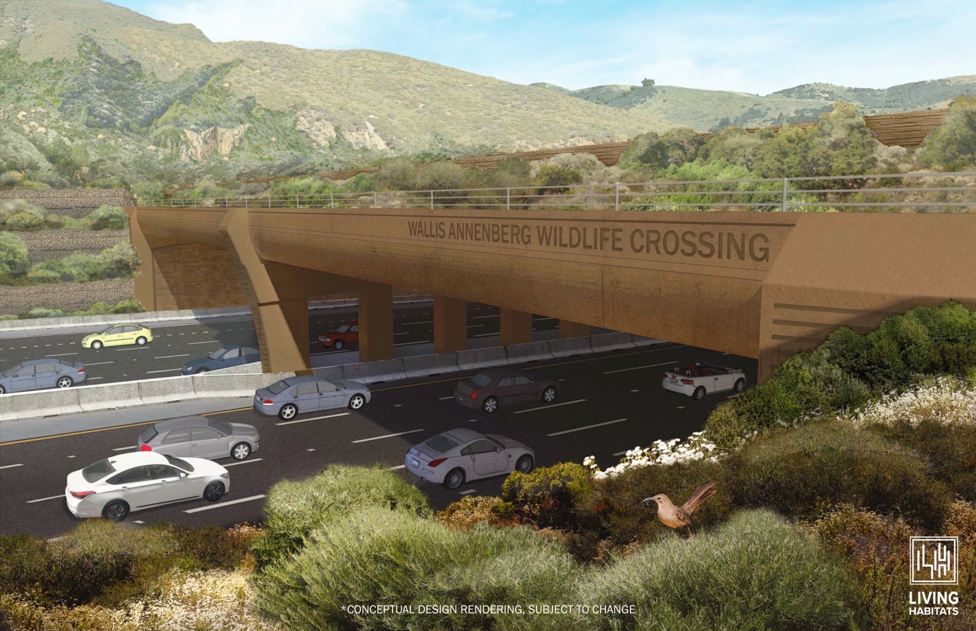 An artist's rendering of what the Wallis Annenberg Wildlife Crossing will look like once it’s finished.