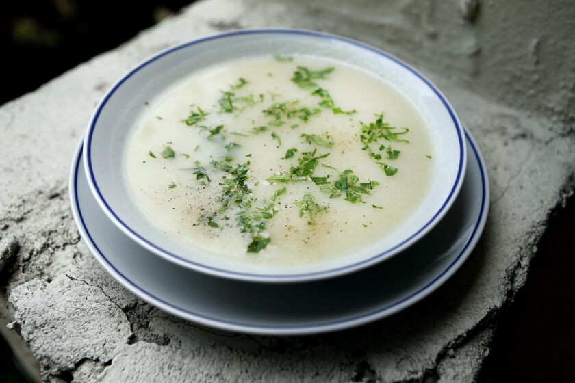 French leek and potato soup made by Martha Rose Shulman with her food mill. The cookbook author and food writer is a fan of the textures that food mills deliver.