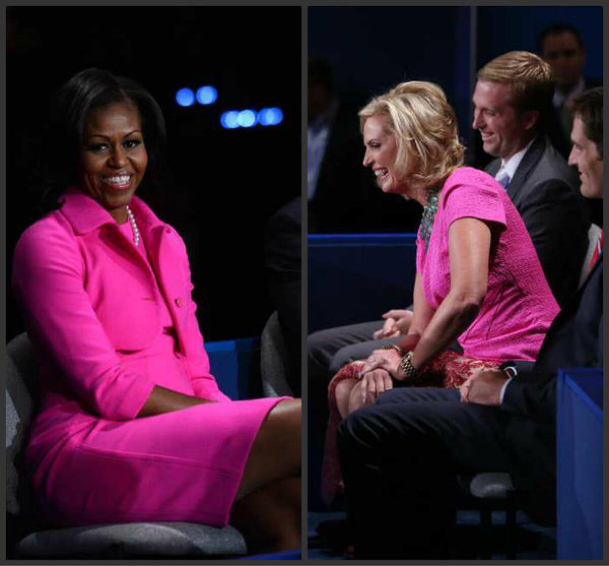 Michelle Obama, left, and Ann Romney both wore bright pink at the second presidential debate.