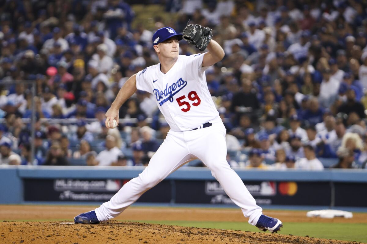Dodgers reliever Evan Phillips pitches during Game 1 of the 2022 NLDS against the San Diego Padres.