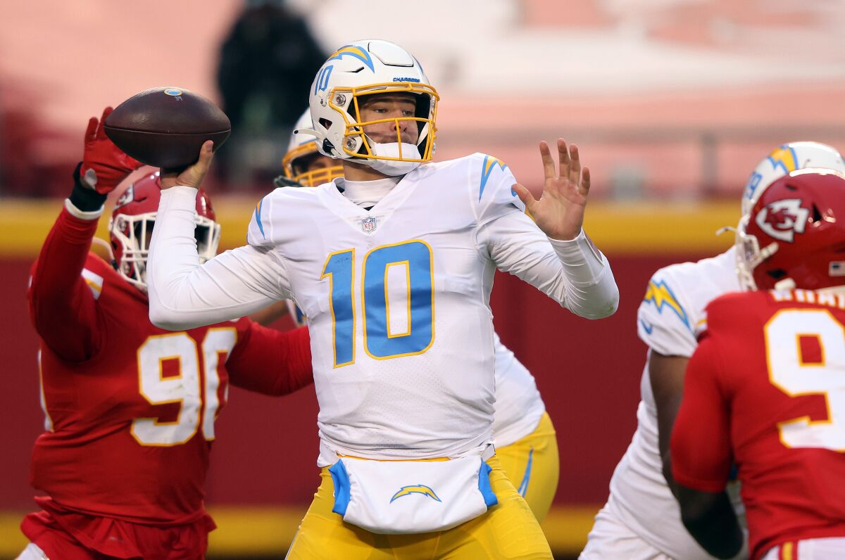 Quarterback Justin Herbert of the Los Angeles Chargers during game against Chiefs.