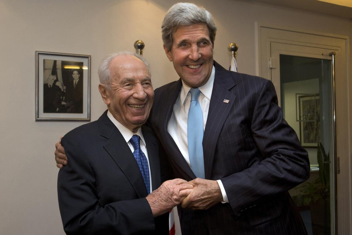 Secretary of State John F. Kerry, right, meets with Israeli President Shimon Peres in Jerusalem.