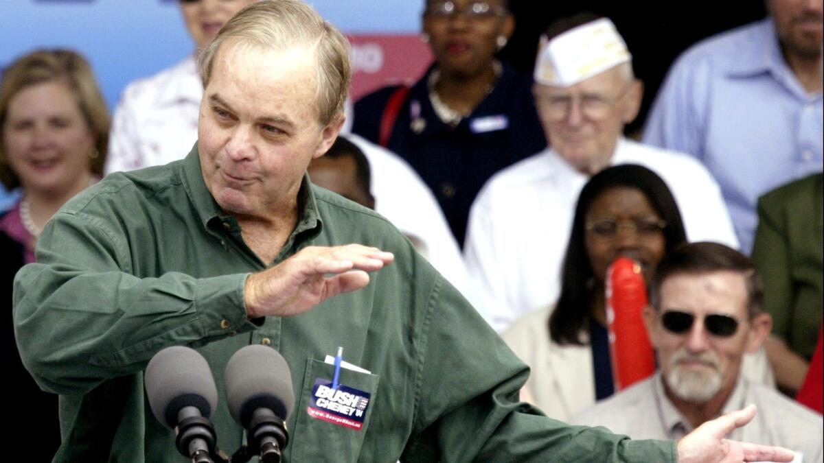 William H.T. "Bucky" Bush, the uncle of President George W. Bush and brother of President George H.W. Bush, at the podium during a 2004 rally in Warrenton, Mo.