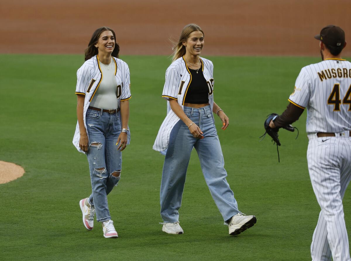 Alex Morgan and Abby Dahlkemper of San Diego Wave FC threw out the ceremonial first pitch at Petco Park before game in April.