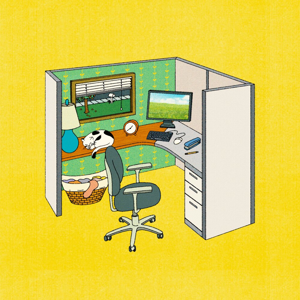 An illustration of a cubicle. One half looks like a normal cubicle, and the other resembles a home office. 