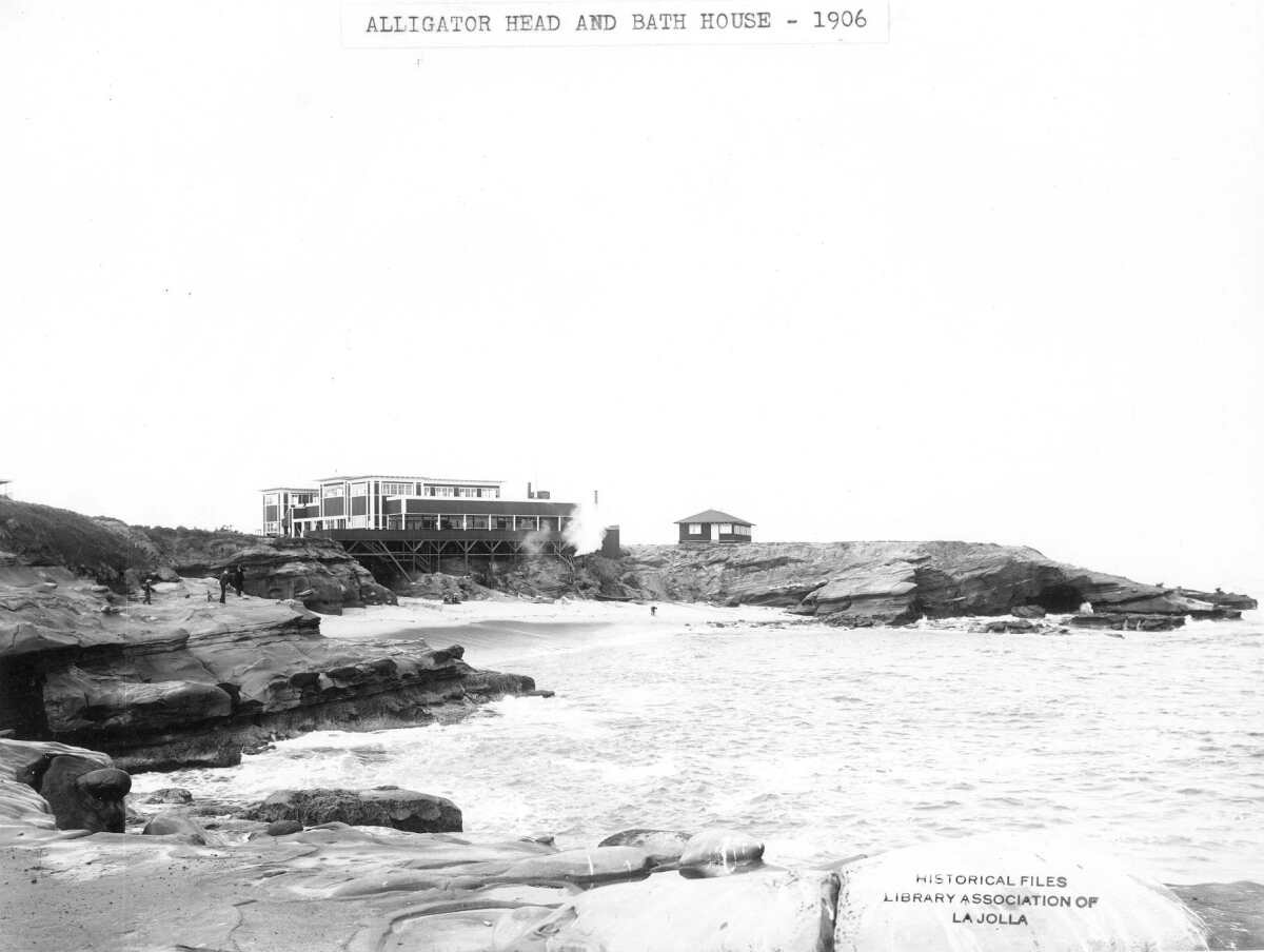A photo shows the La Jolla Cove Bath House following its reconstruction after a 1905 fire destroyed the original.