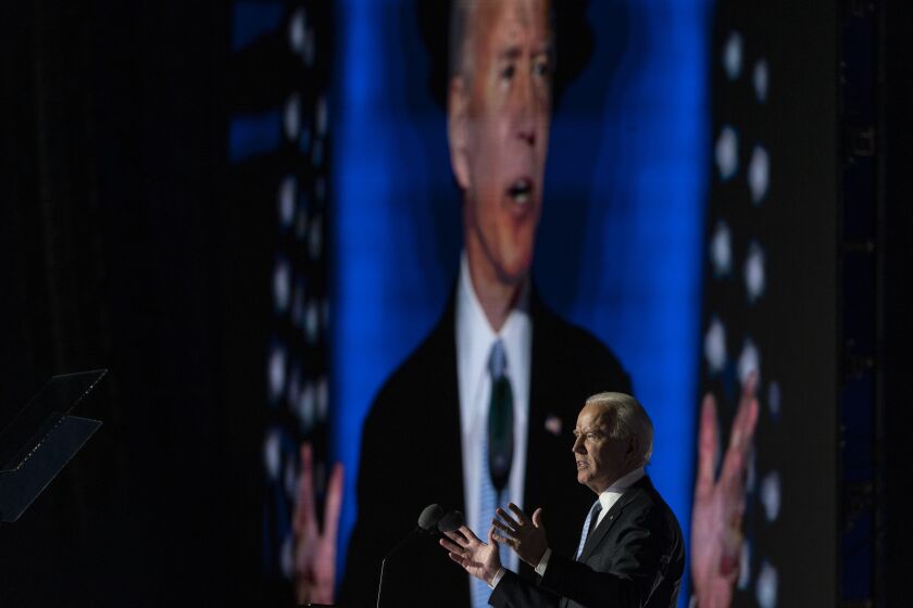 President-elect Joe Biden speaks, Saturday, Nov. 7, 2020, in Wilmington, Del. (AP Photo/Carolyn Kaster)