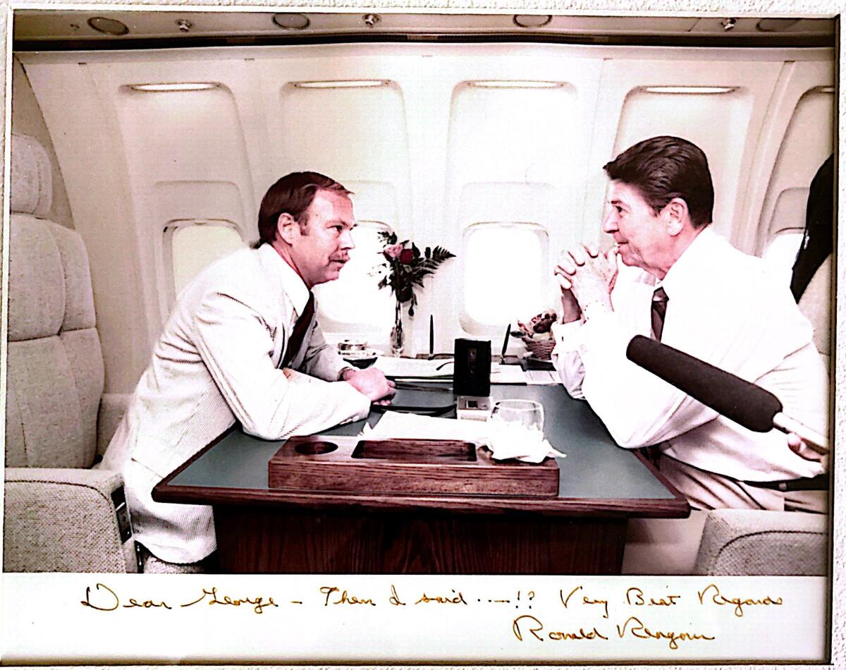 Times journalist George Skelton interviewing then-President Reagan on Air Force One in 1983.