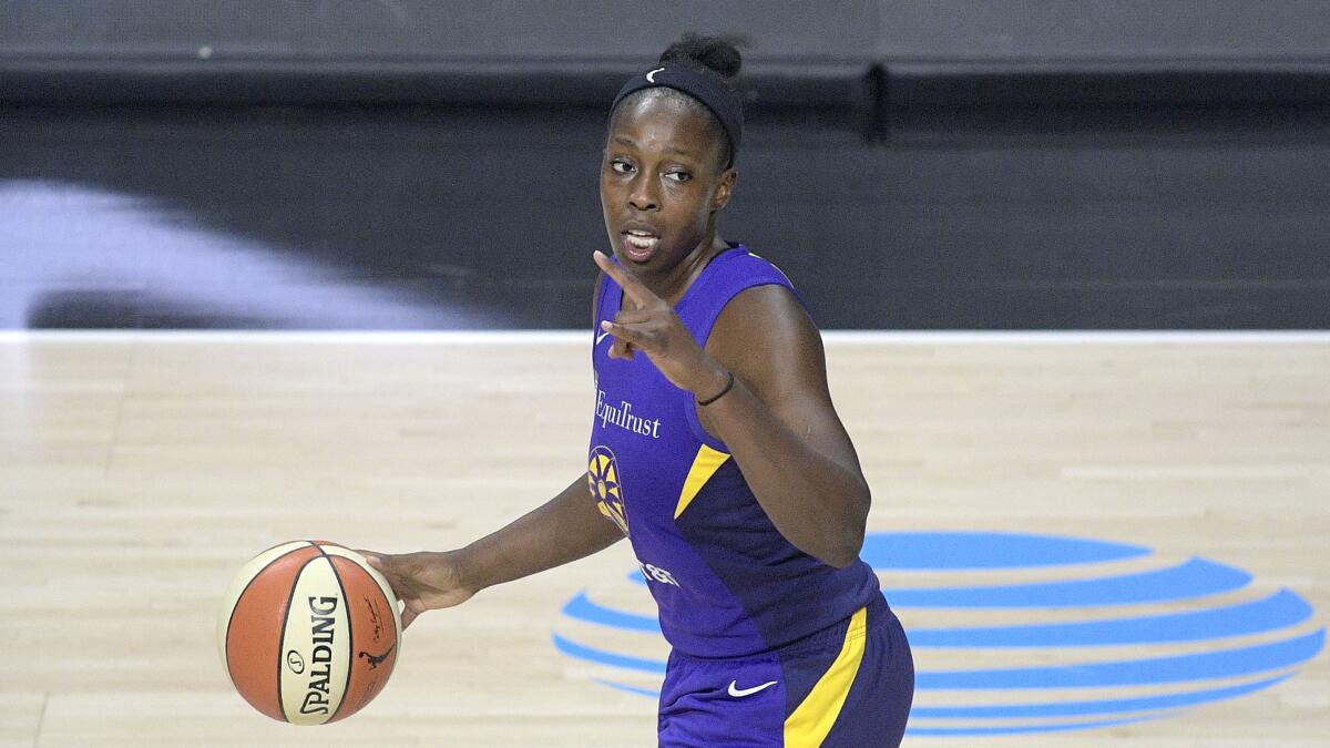 Sparks guard Chelsea Gray sets up a play against the Indiana Fever on Aug. 15, 2020, in Bradenton, Fla. 