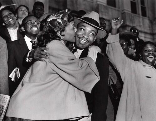 King is embraced by his wife, Coretta Scott King, after being convicted in Montgomery of a charge connected to the bus boycott. The Kings home was bombed during the boycott.