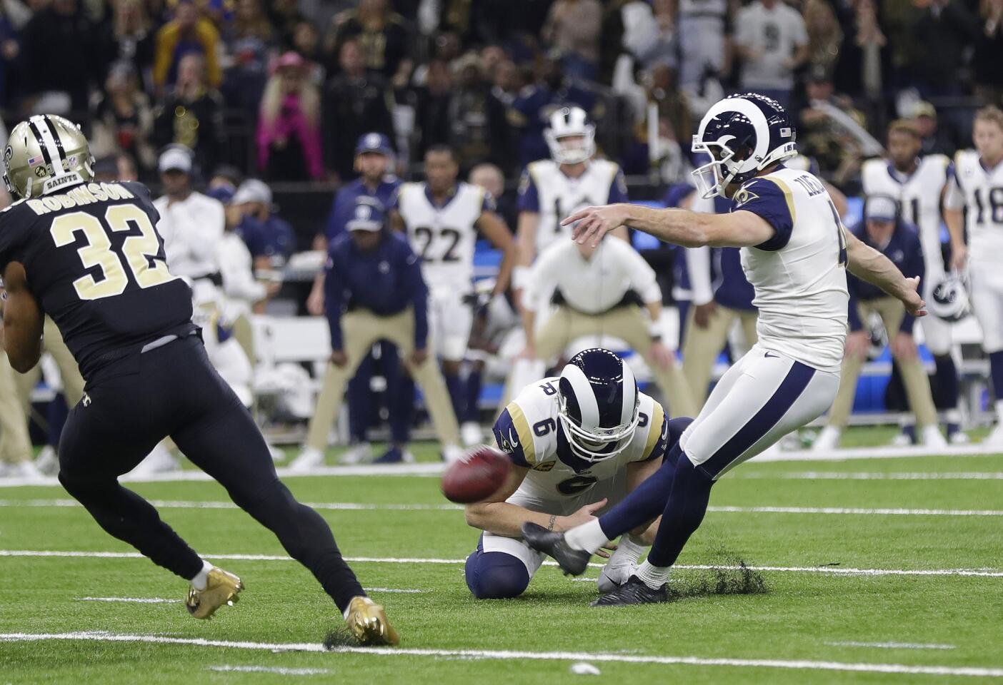 Los Angeles Rams' Greg Zuerlein makes a field goal during the second half of the NFL football NFC championship game against the New Orleans Saints, Sunday, Jan. 20, 2019, in New Orleans.