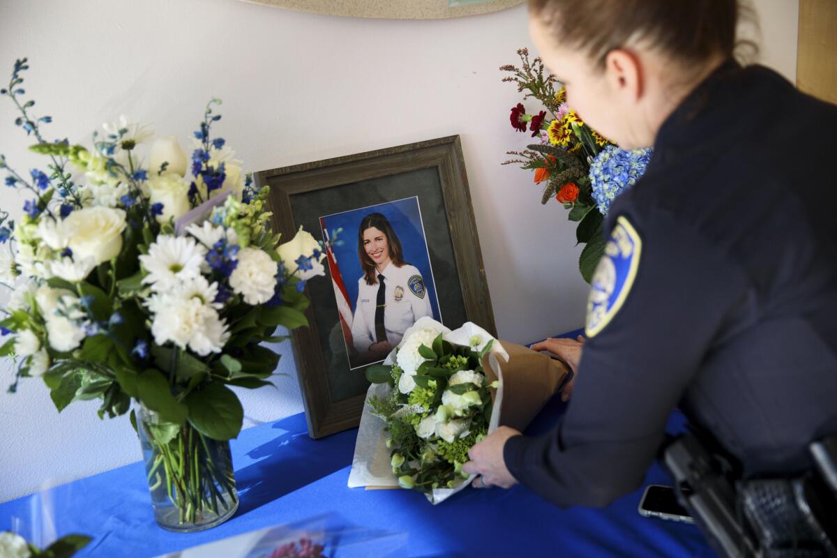 A memorial at the Manhattan Beach Police Department for Rachael Parker.