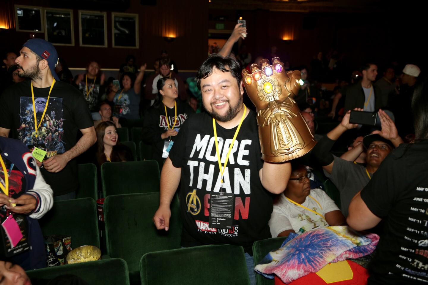 The El Capitan Theatre held a special showing of two days of Marvel Studios movies. "Avengers: Inifinity War" topped off the movie marathon. Elliot Wong wears the gauntlet of Thanos.