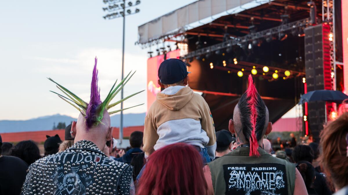 Fans with multicolored mohawks watch as Iggy Pop sings at No Values Music Festival 