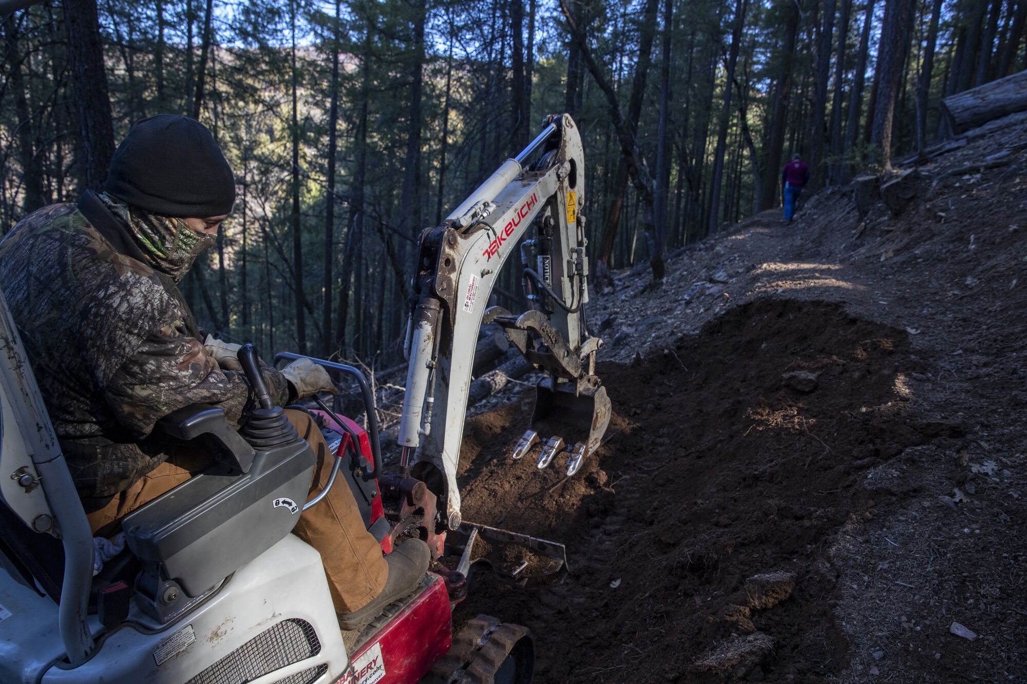 A worker operates construction equipment in a forest