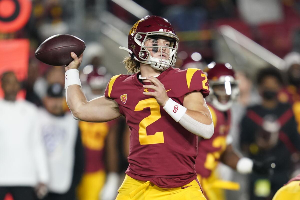 USC's Jaxson Dart throws a pass during the first half against BYU. 