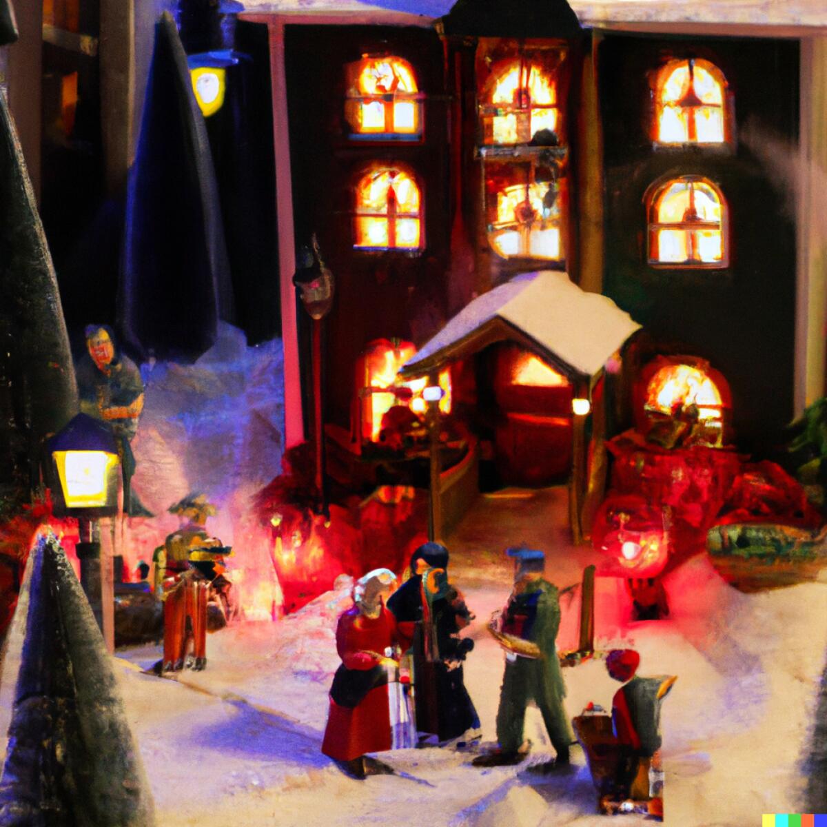 people gathered in front of a house in the snow